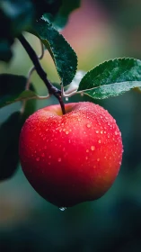 Ripe red apple with water droplets on tree branch outdoors.