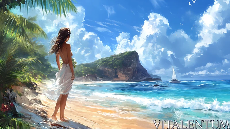 Woman in White Gazes Across Tropical Paradise Beach