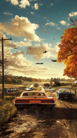 Muscle cars accelerate through rural road under low warplanes