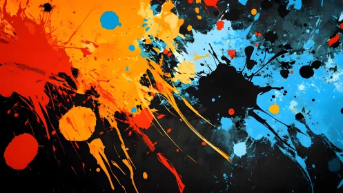 Vibrant Abstract Paint Splash Art in Orange and Blue Tones.
