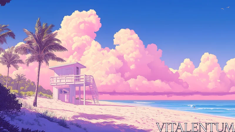 Digitally rendered coastal lifeguard station with volumetric cloud formations and chromatic sky grad
