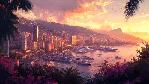 Sunlit coastal skyline with luxury marina at golden hour.