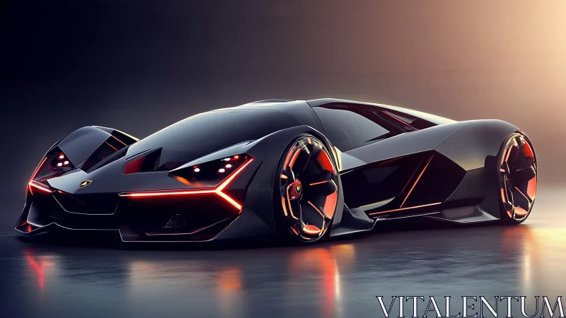 Neon predator supercar prowling a chrome twilight runway.