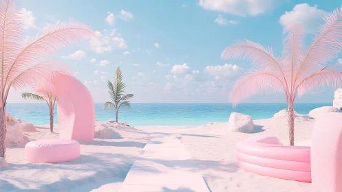 Candy-colored tropical beach scene glows under soft skies