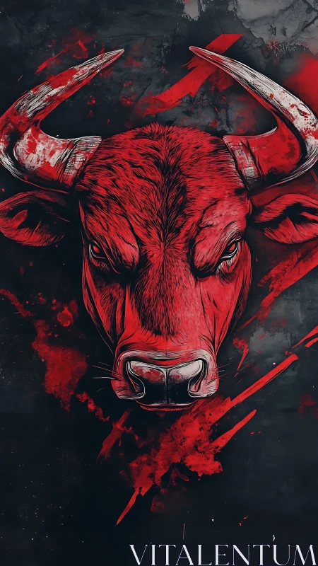 Fierce crimson bull portrait amid bold splashed shadows.