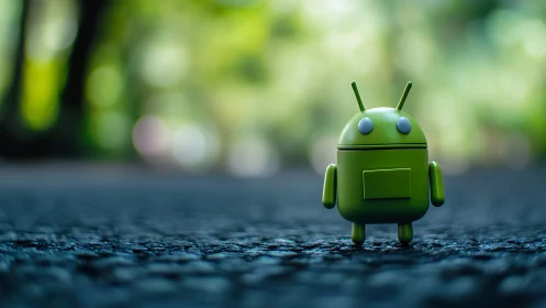 Android robot figurine on textured asphalt under shallow depth