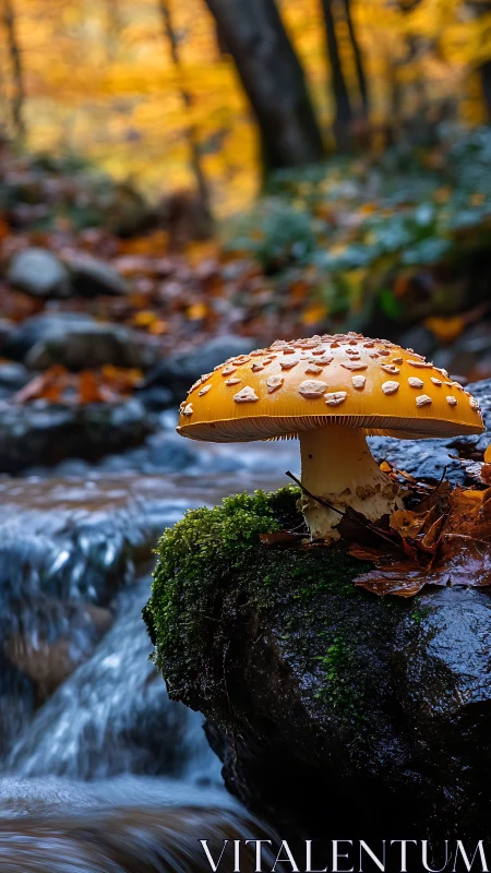 Orange spotted mushroom beside forest stream in autumn.