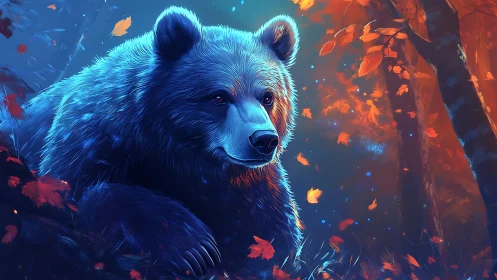 Digital bear portrait shows cool blue fur in warm forest