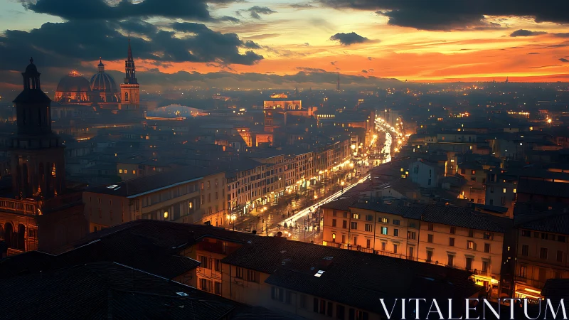 Luminous boulevard through classical city at burning dusk.