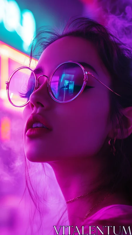 Neon-lit girl in round glasses gazes through electric haze