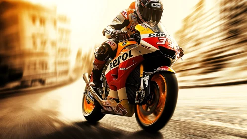 Motorcycle racer leans into urban street curve at speed