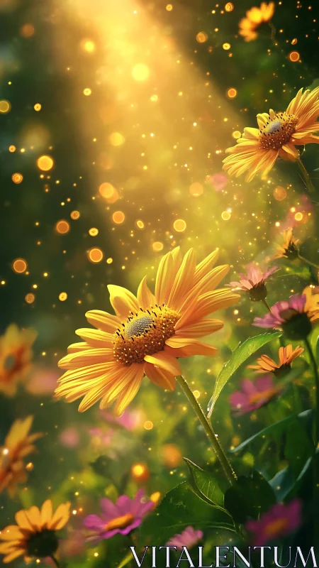 Sunlit golden daisies in glowing bokeh garden haze.