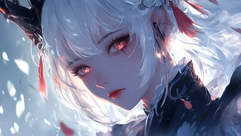 Soft white-haired spirit with glowing rose-colored eyes gazing out.