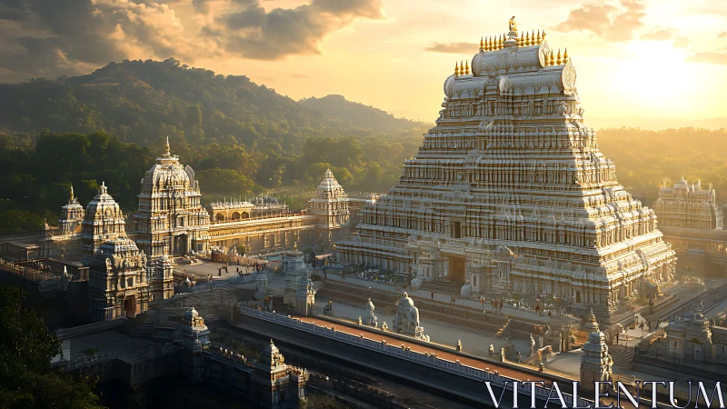 Golden sunrise bathes monumental South Indian temple complex.
