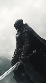 Armored dark knight stands in mist with sword lowered