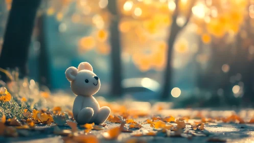 Soft toy bear on autumn path in warm evening light.
