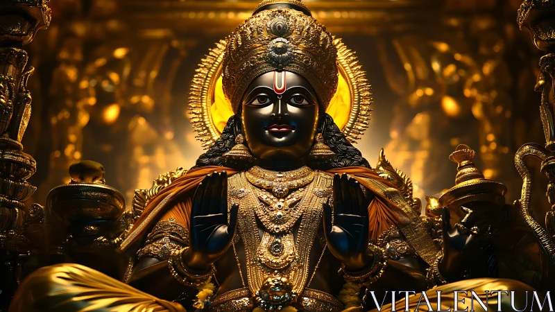 Golden Hindu deity statue with ornate jewelry in shrine.