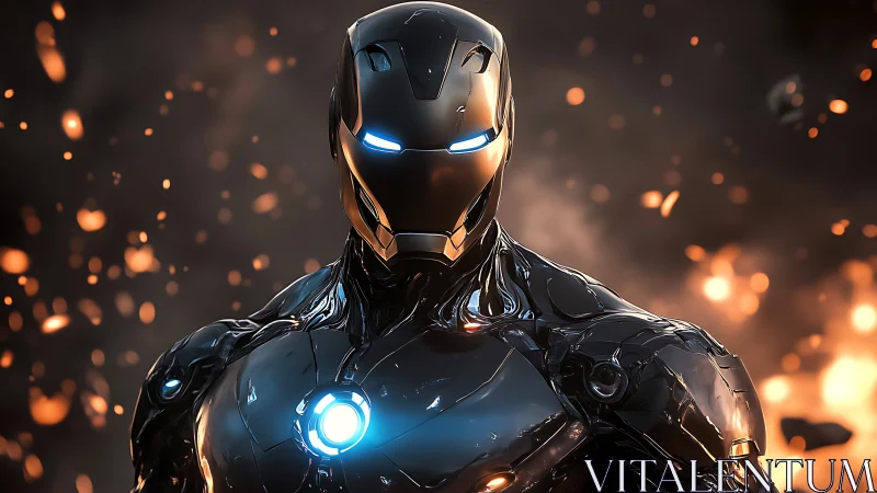 Armored sci fi hero in glossy exosuit amid sparks.