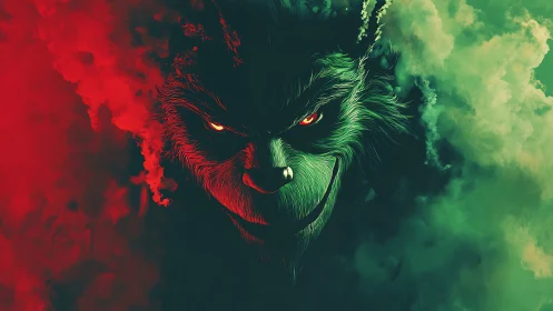 Bipolar chromatic demon portrait merges smoke and fur detail