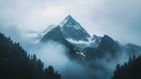 Snowcapped mountain peak rises above dense valley mist