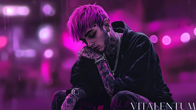Neon lit tattooed youth rests under melancholic purple rain