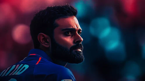 Thoughtful cricketer in glowing stadium lights at dusk.