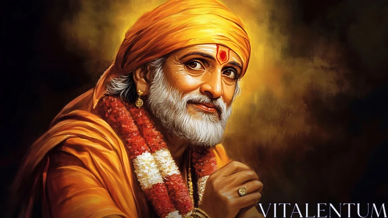 Spiritual elder in saffron robes against glowing backdrop.