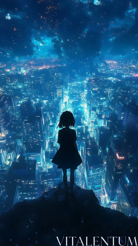 Starlit city dreams with a lone silhouette on the edge.