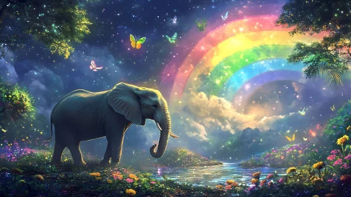 Elephant under radiant rainbow in luminous fantasy forest.