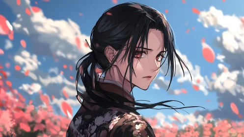 Anime character portrait amid drifting petals and sky field.