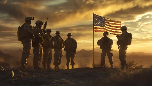 Soldiers stand united beneath an American flag at sunset.