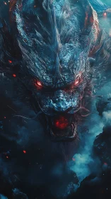Ferocious blue dragon head with glowing red eyes emerges.
