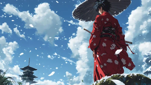 Skyward samurai in scarlet kimono under a drifting bloomstorm.