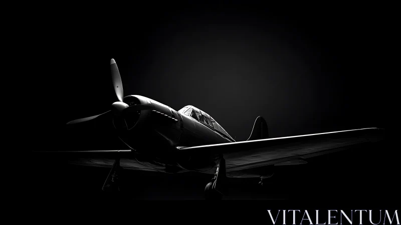 Low-key frontal view of single propeller aircraft silhouette.