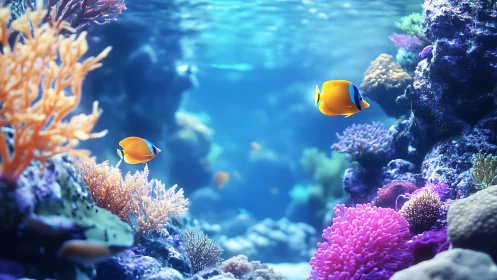 Tropical reef scene with butterflyfish and coral formations.