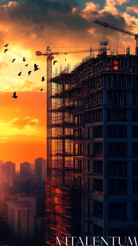 Sunset cranes crown a burning glass tower in mid-birth.