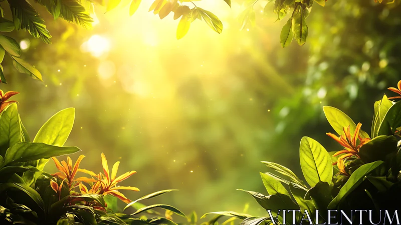 Backlit tropical foliage with golden sunlit bokeh haze
