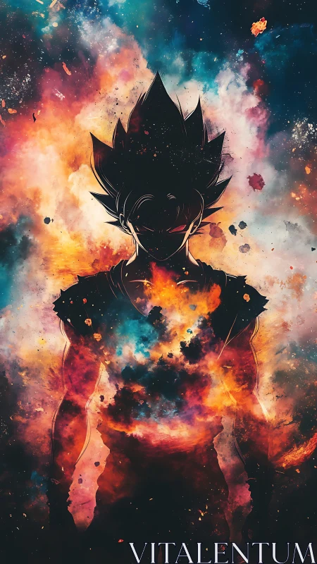 Cosmic warrior silhouette burns through nebula storm field.