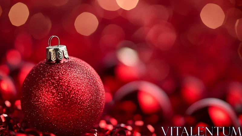 Sparkling red Christmas bauble in cozy holiday glow.