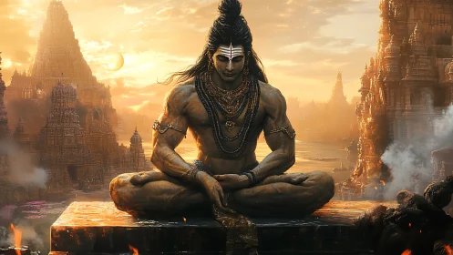 Meditative deity in temple valley at molten-gold sunset light