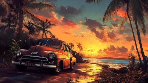 Sunlit classic car pauses by a dreamy tropical seaside road