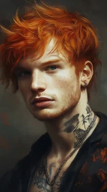 Fiery haired young man gazes softly with quiet confidence