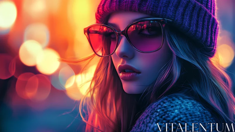 Stylish woman in sunglasses with neon city bokeh glow
