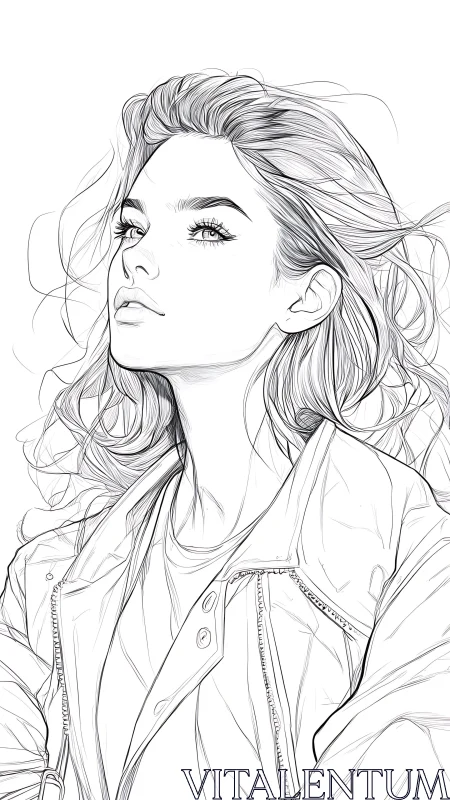 High-contrast ink line portrait with dynamic hair flow modeling