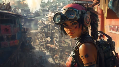 Goggle-clad street scout surveys sunlit cyber slums.