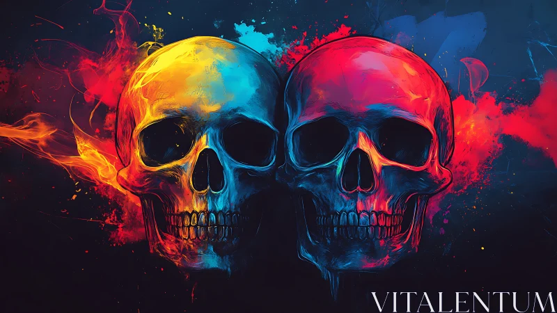 Dual colored human skulls with contrasting neon smoke forms.