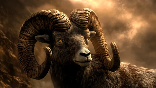 Digitally rendered ram with coiled horns stands in haze