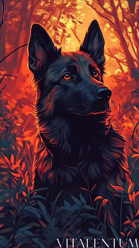 Black shepherd dog watches forest glow in vivid sunset light