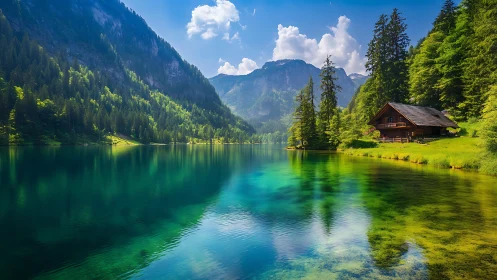 Mountain lake cabin rests beside crystal clear emerald waters