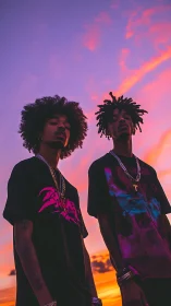 Low-angle portrait of two streetwear models at neon sunset sky